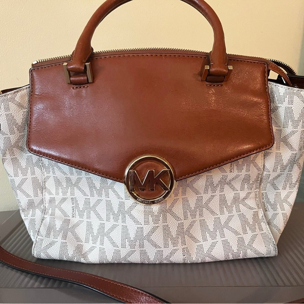 Michael Kors Tan and Cream Monogram Satchel